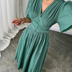 SHEIN Sage Green Pleated V-Neck Midi Dress